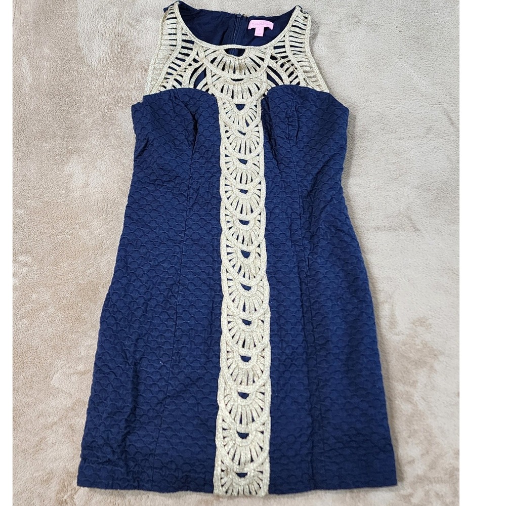Lilly Pulitzer dress womens size 6 navy blue tana true cotton short sleeve EUC